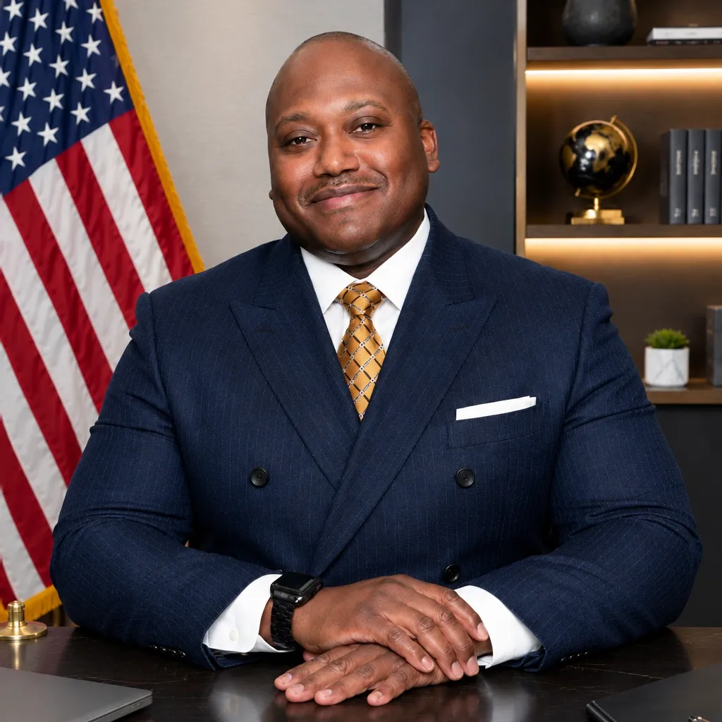 Michael Jenkins in a navy suit and tie seated at a desk beside a U.S. flag