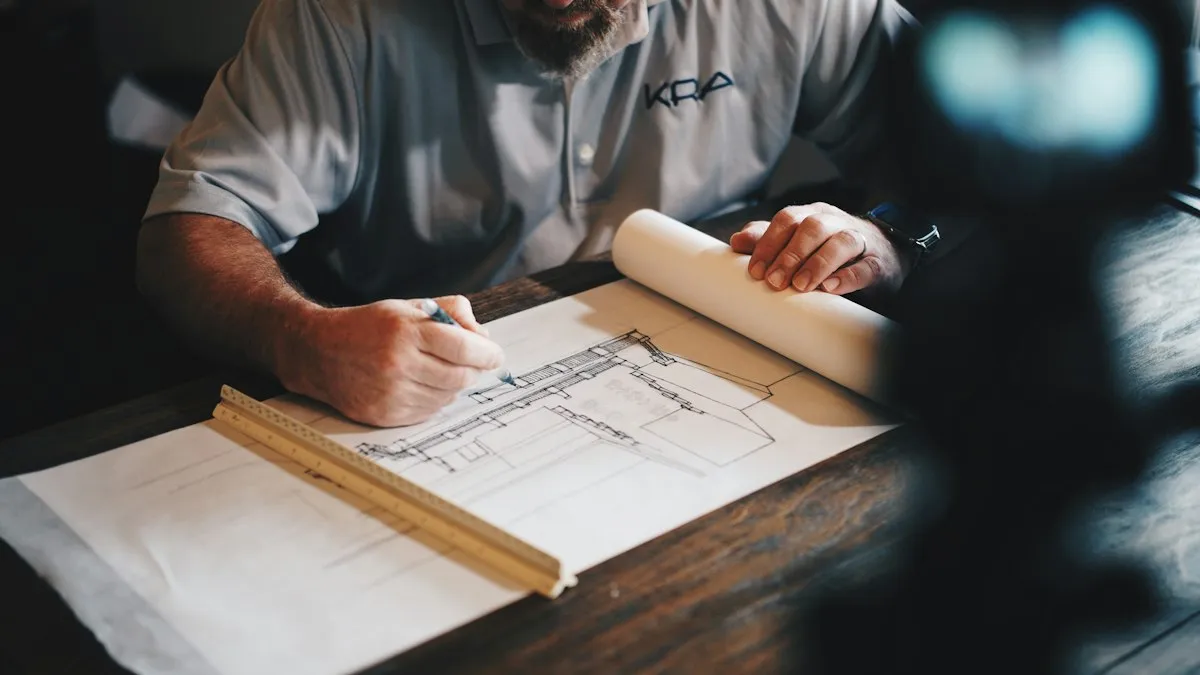 Professional reviewing a technical blueprint at a desk