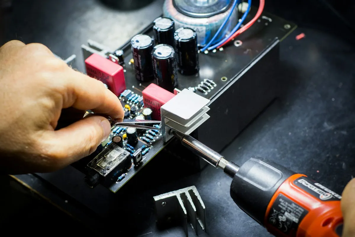 Close view of electronic network hardware on a circuit board